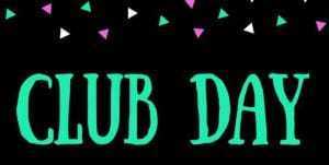 green text reading "club day" on black background with confetti at the top